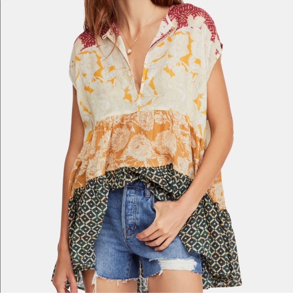 Free People Multi-Print Tiered Cap-Sleeve Tunic in Mustard Multi